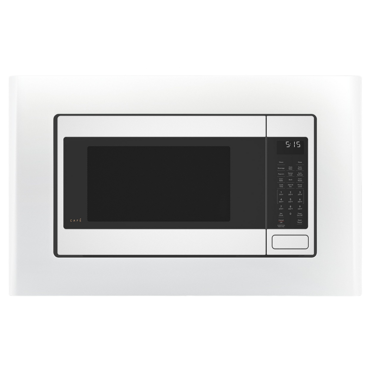 White built-in kitchen microwave trim kit with digital control panel and black window in appliances collection