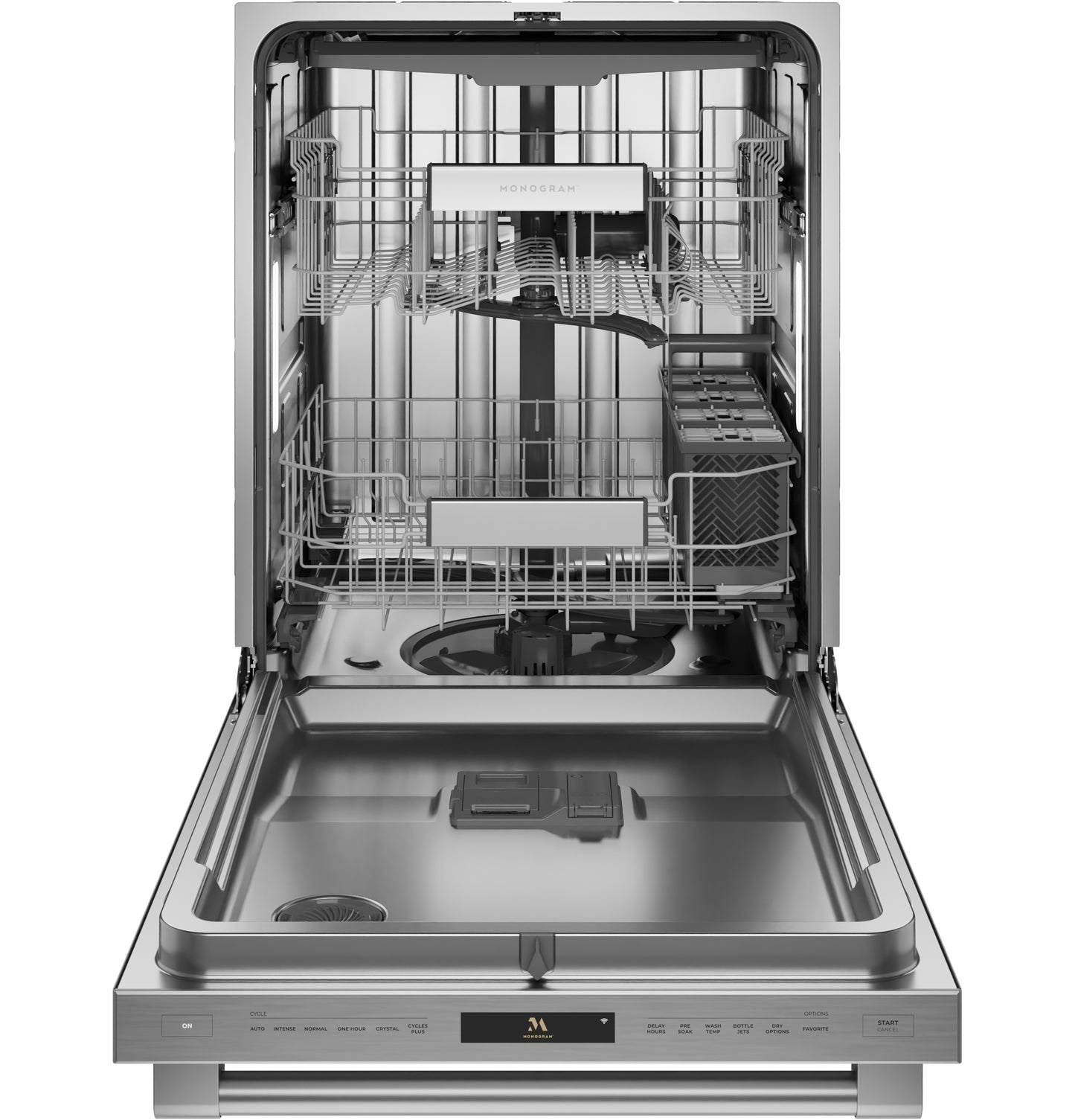 Open fully integrated dishwasher with stainless steel interior and adjustable racks in Built-in Dishwashers and Appliances collections