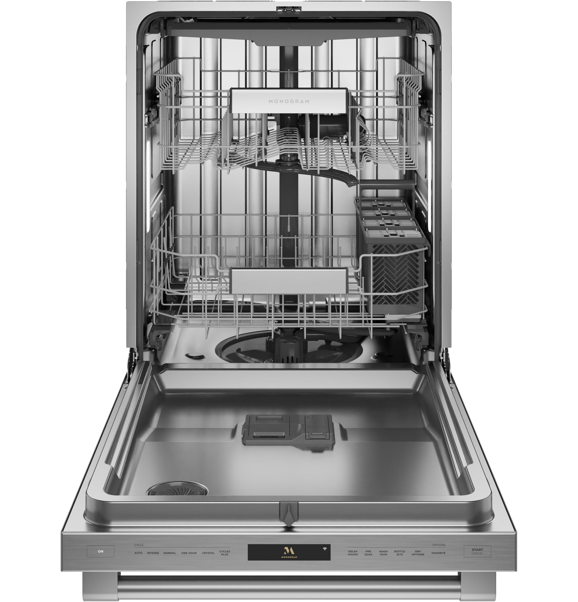 Open fully integrated dishwasher with stainless steel interior and adjustable racks in Built-in Dishwashers and Appliances collections