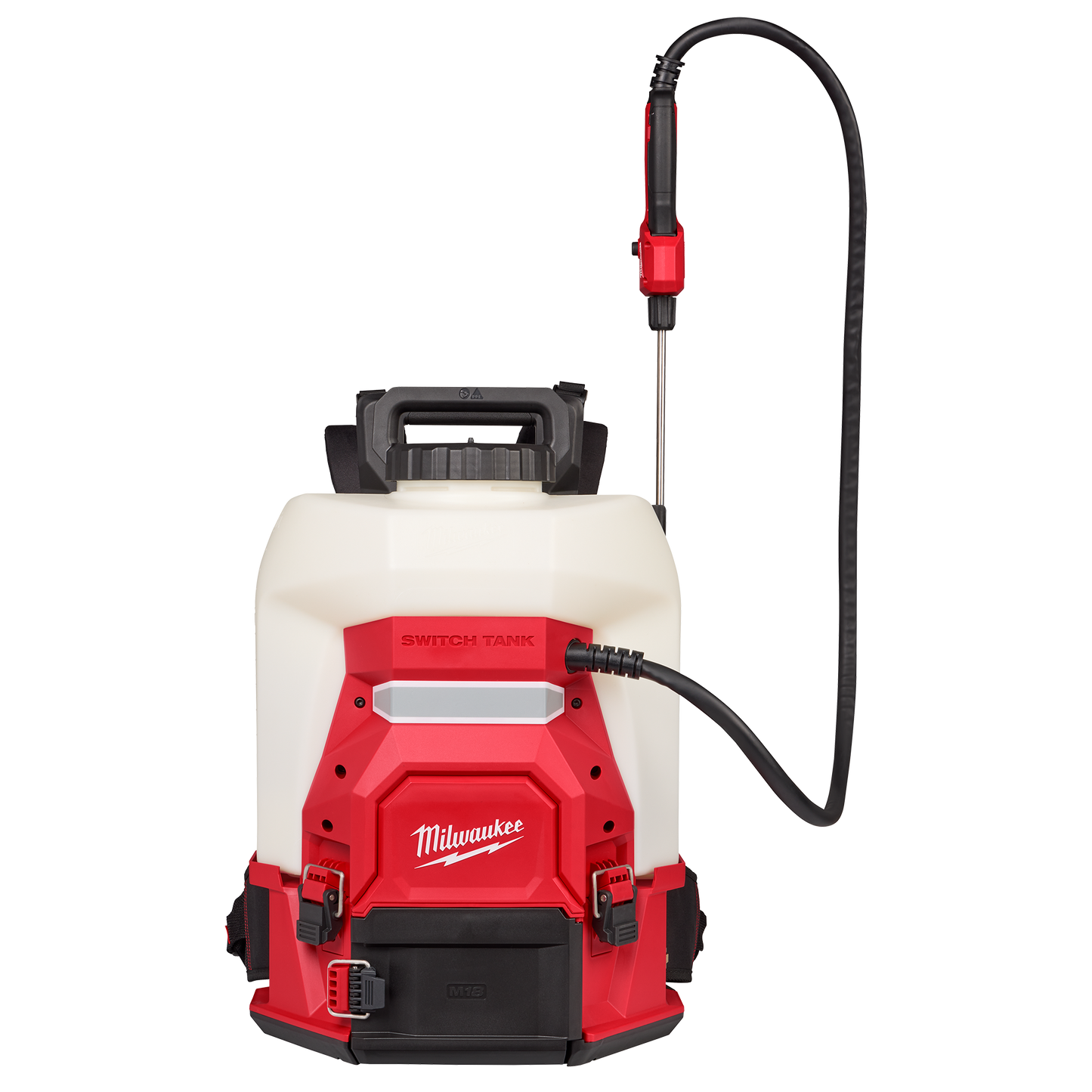 Red and white Milwaukee battery-powered backpack sprayer with hose and handle for tools and home improvement tasks