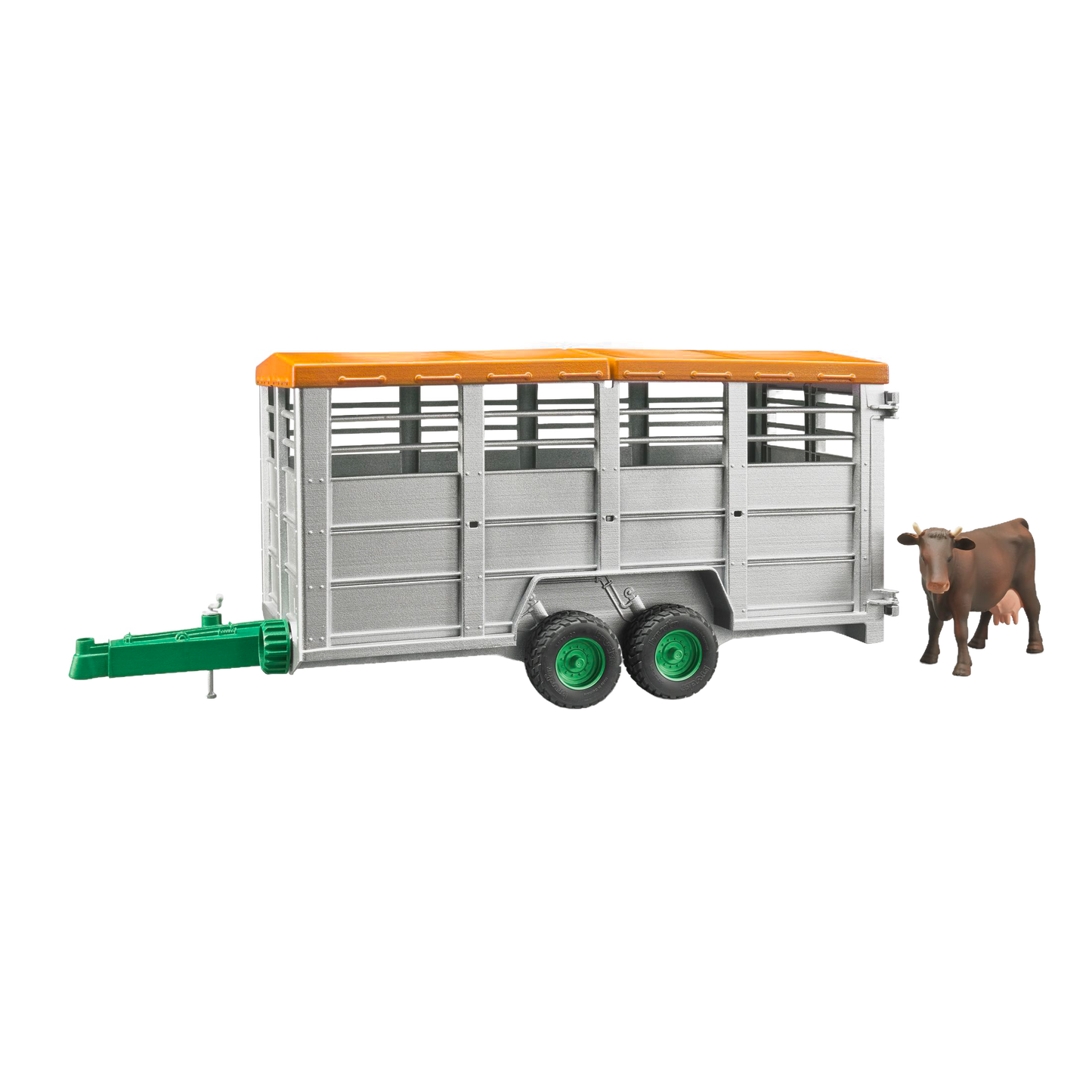 Gray livestock trailer toy with orange roof and green wheels, accompanied by a brown and black cow figure