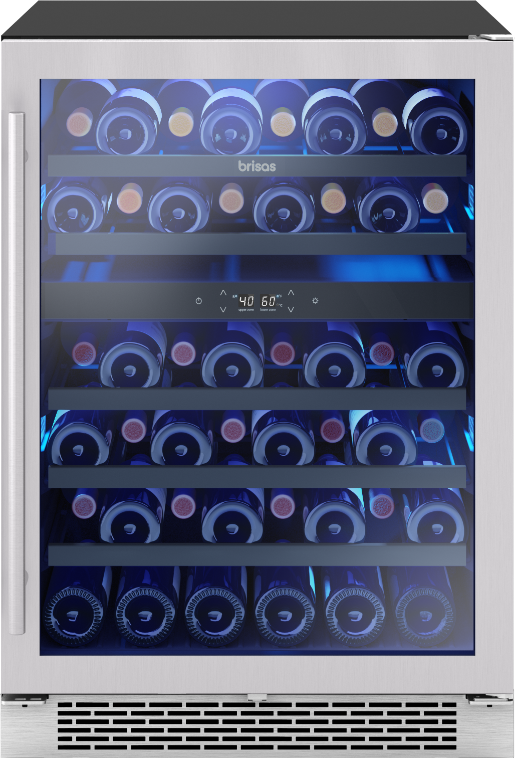 Stainless steel dual zone wine cooler with glass door, digital control panel, and multiple shelves for kitchen appliances