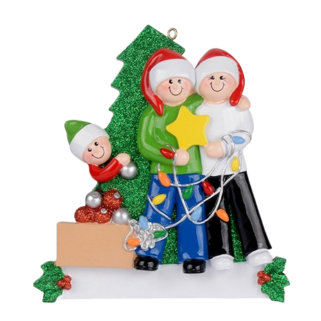 Christmas tree ornament featuring a family of three with holiday lights and festive hats from Christmas Ornaments & Tree Decorations collection