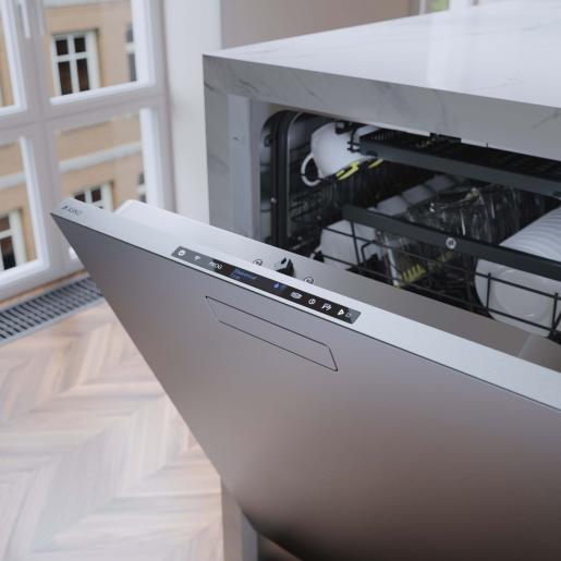 Partially opened stainless steel dishwasher built into kitchen cabinetry with control panel visible in modern kitchen setting