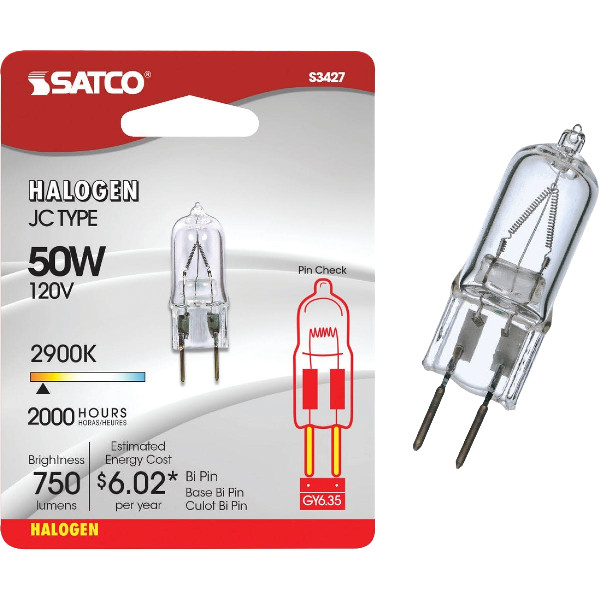 Satco 50 watt T4 halogen bi-pin bulb with GY6.35 base, 2900K color temperature in lighting and electrical accessories collection