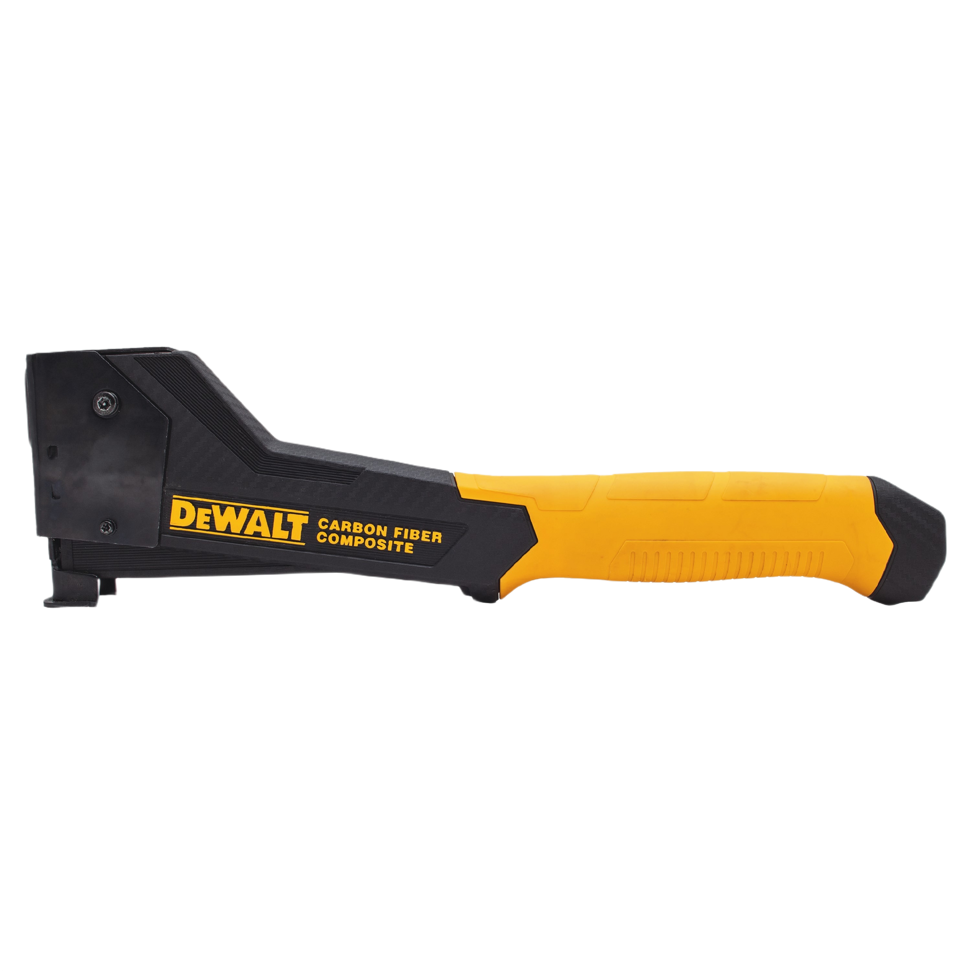 Yellow and black carbon fiber composite hammer tacker for tools and home improvement projects