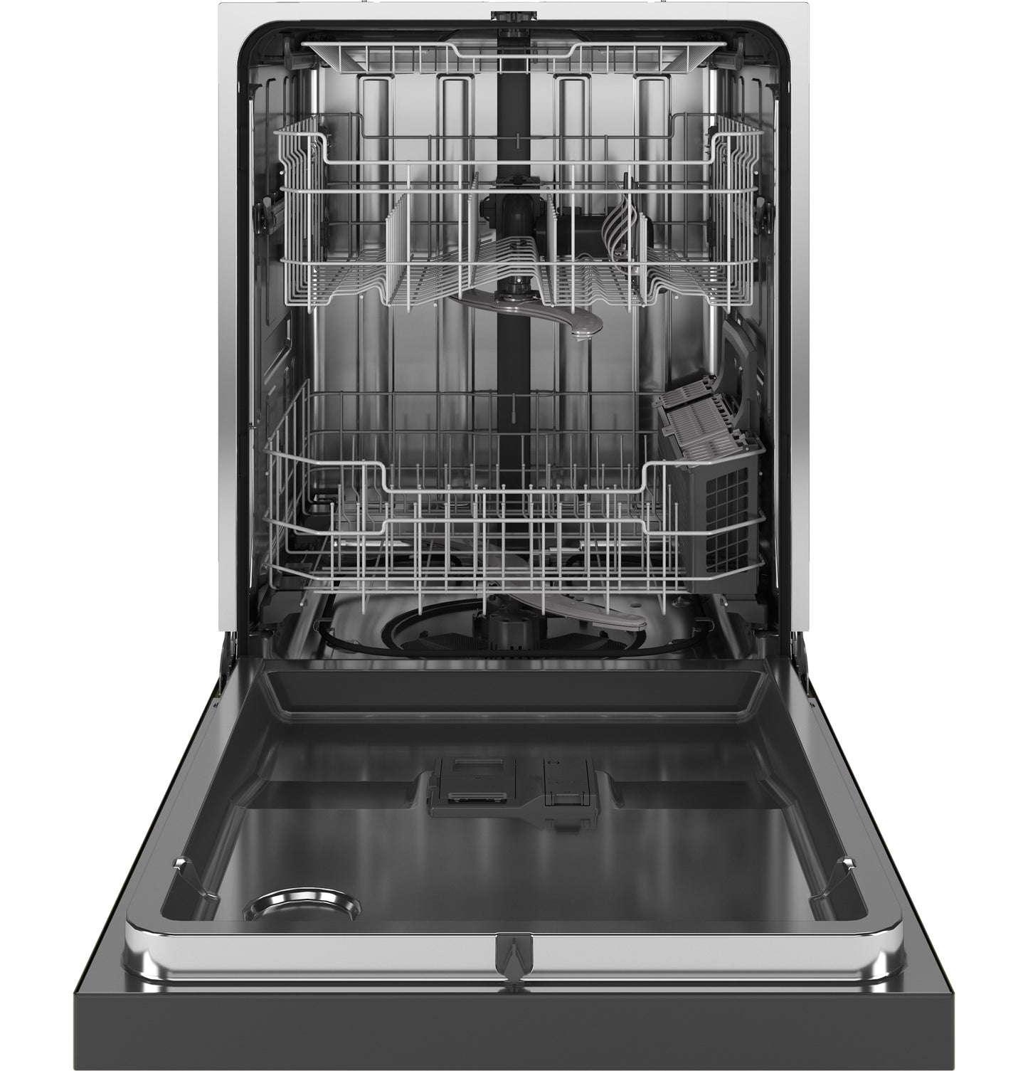 Open stainless steel dishwasher interior showing upper and lower racks with utensil holder from dishwasher collection