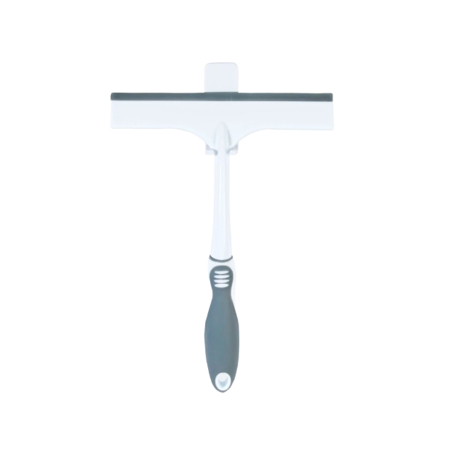 White and grey shower squeegee with ergonomic handle and mounted hook for bathroom cleaning and safety tasks