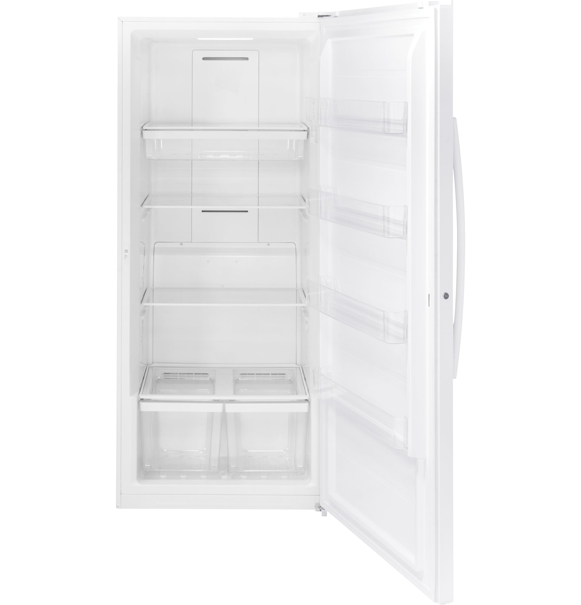 Open white upright freezer with transparent shelving, door bins, and two bottom storage drawers for kitchen appliances collection