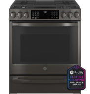 Front-control slide-in gas range with digital display and multiple burners in matte dark finish from ranges collection.