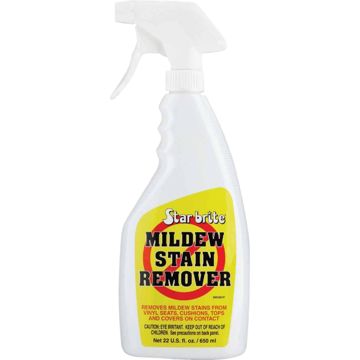 White spray bottle of mildew stain remover with yellow and red label for cleaning supplies and mold removal under $50