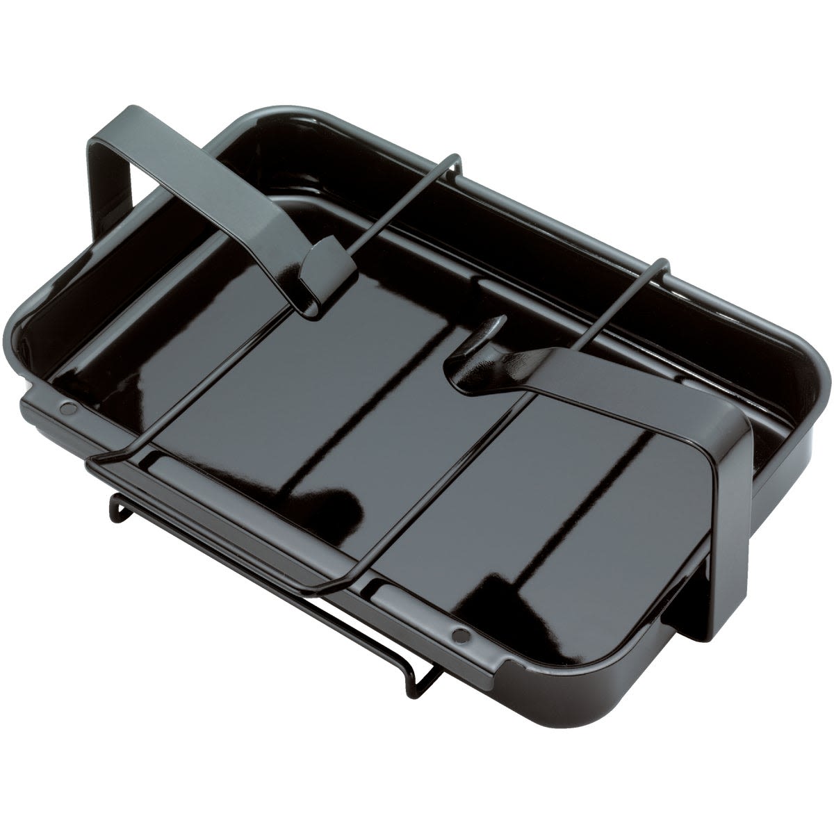 Porcelain enamel coated steel catch pan for gas grills with metal support brackets in black finish