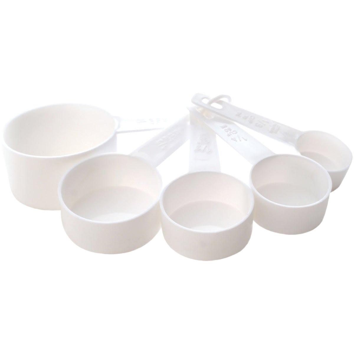 Set of five white plastic measuring cups with standard and metric markings for kitchenware and cooking tasks