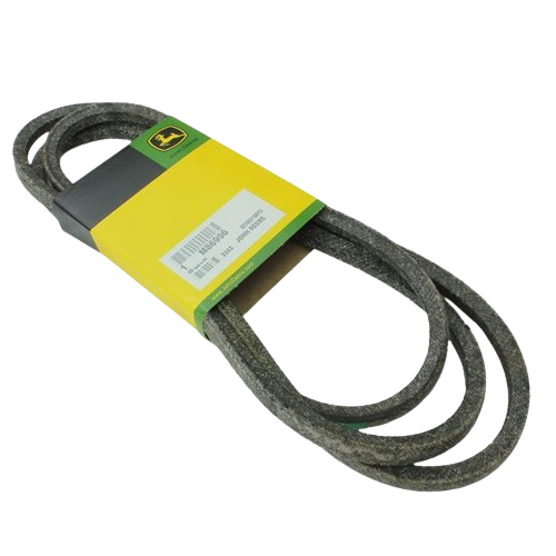 V-shaped drive belt with yellow and green packaging designed for use in home improvement and machinery tools