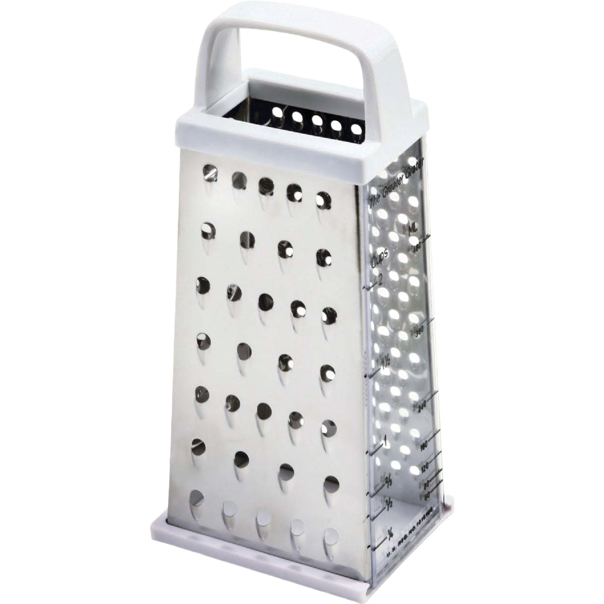 Four-sided stainless steel grater with white plastic handle for versatile use in kitchen gadgets and kitchenware collections