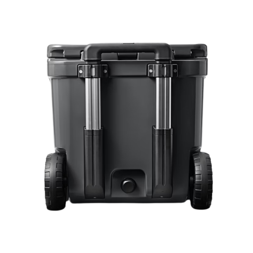 Dark gray wheeled cooler with telescoping handle for portable food storage and kitchen organization collections