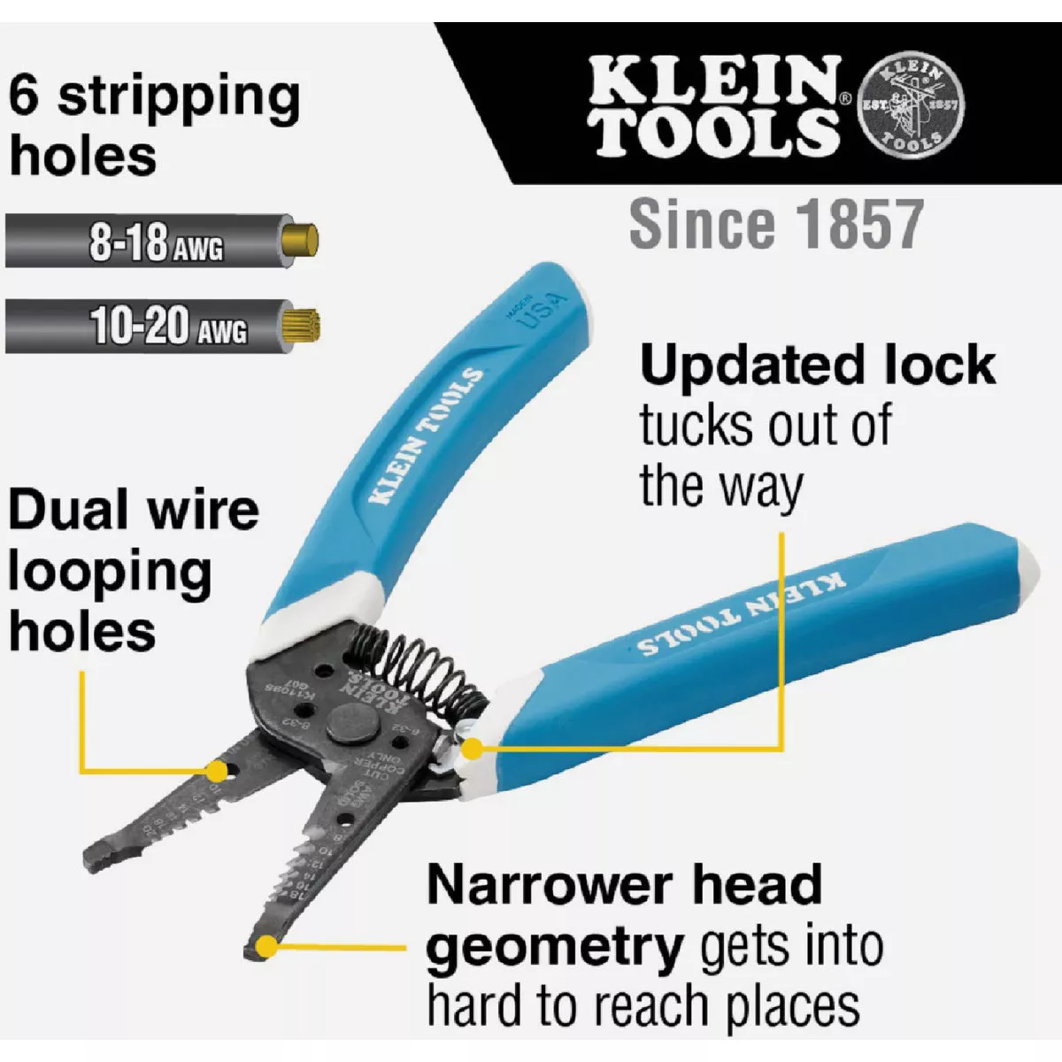 Blue-handled wire stripper with six cutting holes and narrow head design for precise electrical and home improvement use