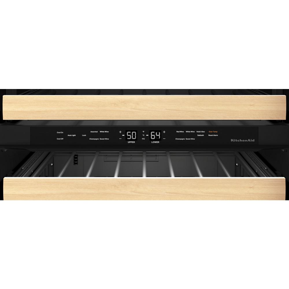 digital control panel on undercounter wine cellar with temperature zones and wood-front racks for kitchen appliances