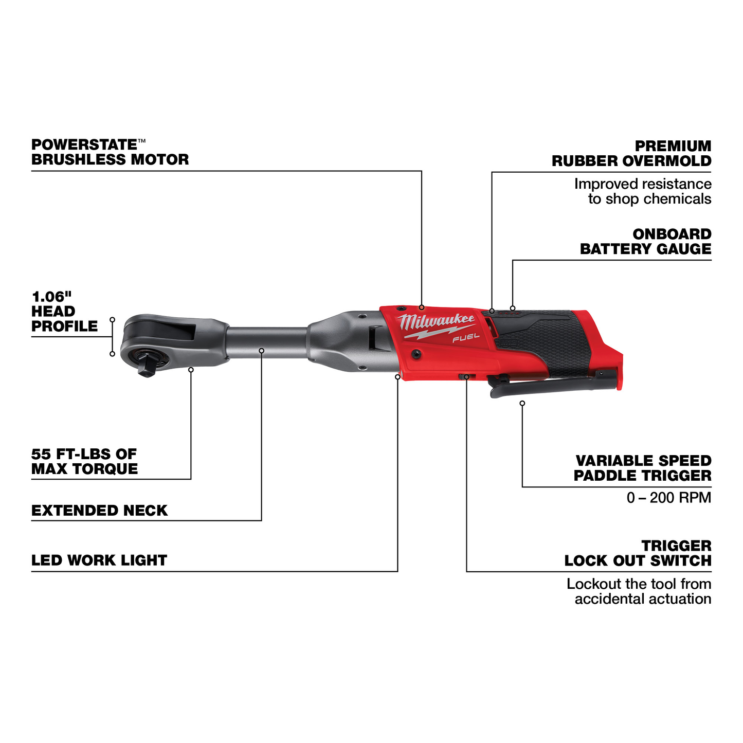 Red and black cordless extended neck ratchet tool with LED light, variable speed trigger, and battery gauge for home use