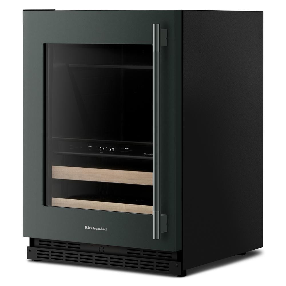 Undercounter beverage center with black finish, glass door, wood-front racks, and digital temperature display