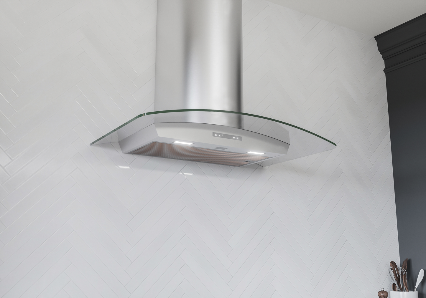 Curved glass and stainless steel chimney range hood with LED lights and touch controls in kitchen appliances collection