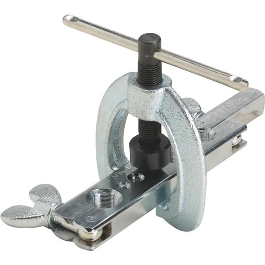 Metal flare T-handle tool with adjustable clamp for tubing sizes from 3/16 to 5/8 inch in home improvement use