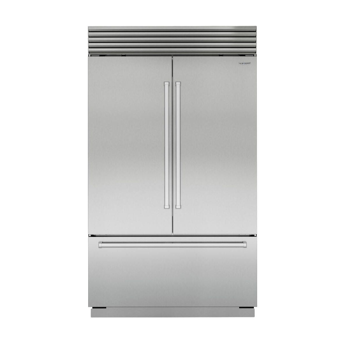 Stainless steel 48-inch French door refrigerator with bottom freezer and professional style handles in kitchen appliance collection