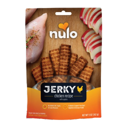 Package of Nulo chicken jerky strips with apples featuring natural ingredients for pet treat enjoyment.