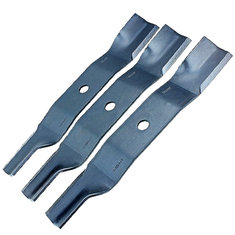 Set of three high lift mower blades with sharp edges and central mounting holes for tools and home improvement use
