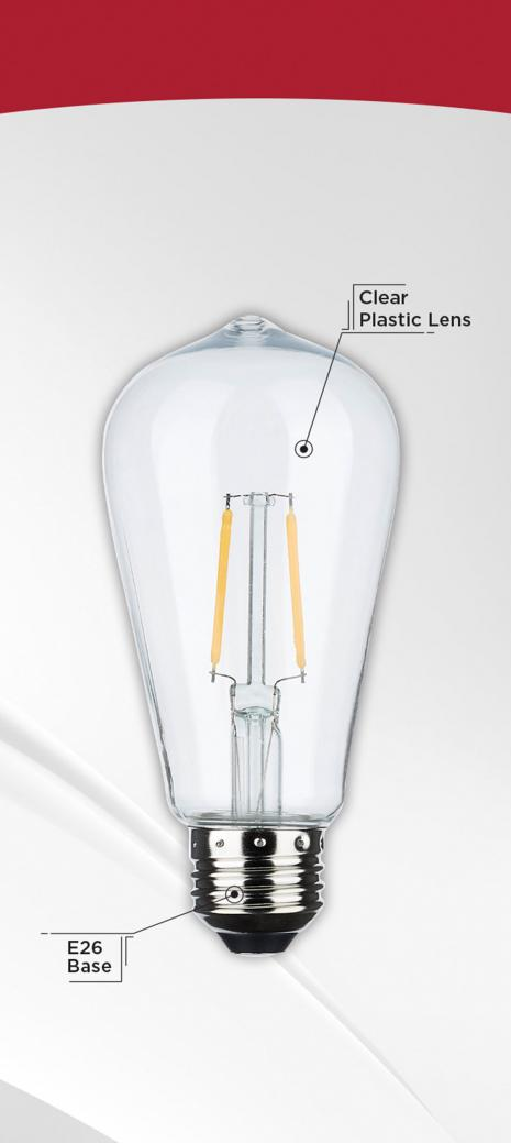 Clear LED bulb with filament design, plastic lens, and E26 base for home improvement and string lighting applications
