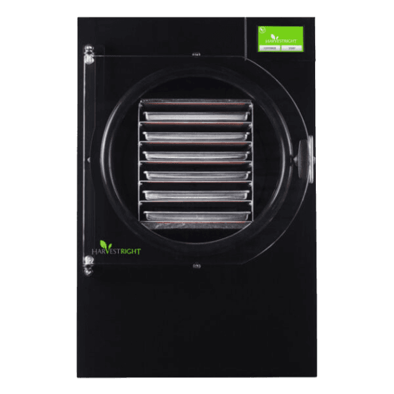 Black home freeze dryer with clear door and stacked stainless steel trays in small kitchen appliances collection