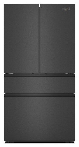 Front view of dark gray Whirlpool French door refrigerator with flexible temperature drawer in kitchen appliances collection