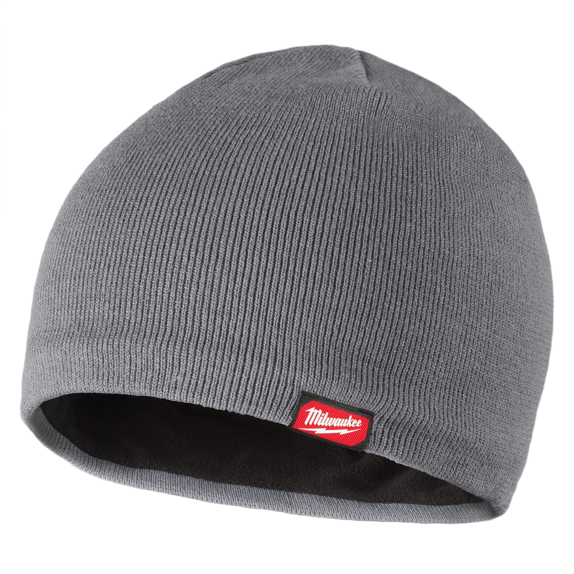 Gray fleece-lined knit beanie with red Milwaukee logo patch for warmth during tools and home improvement tasks