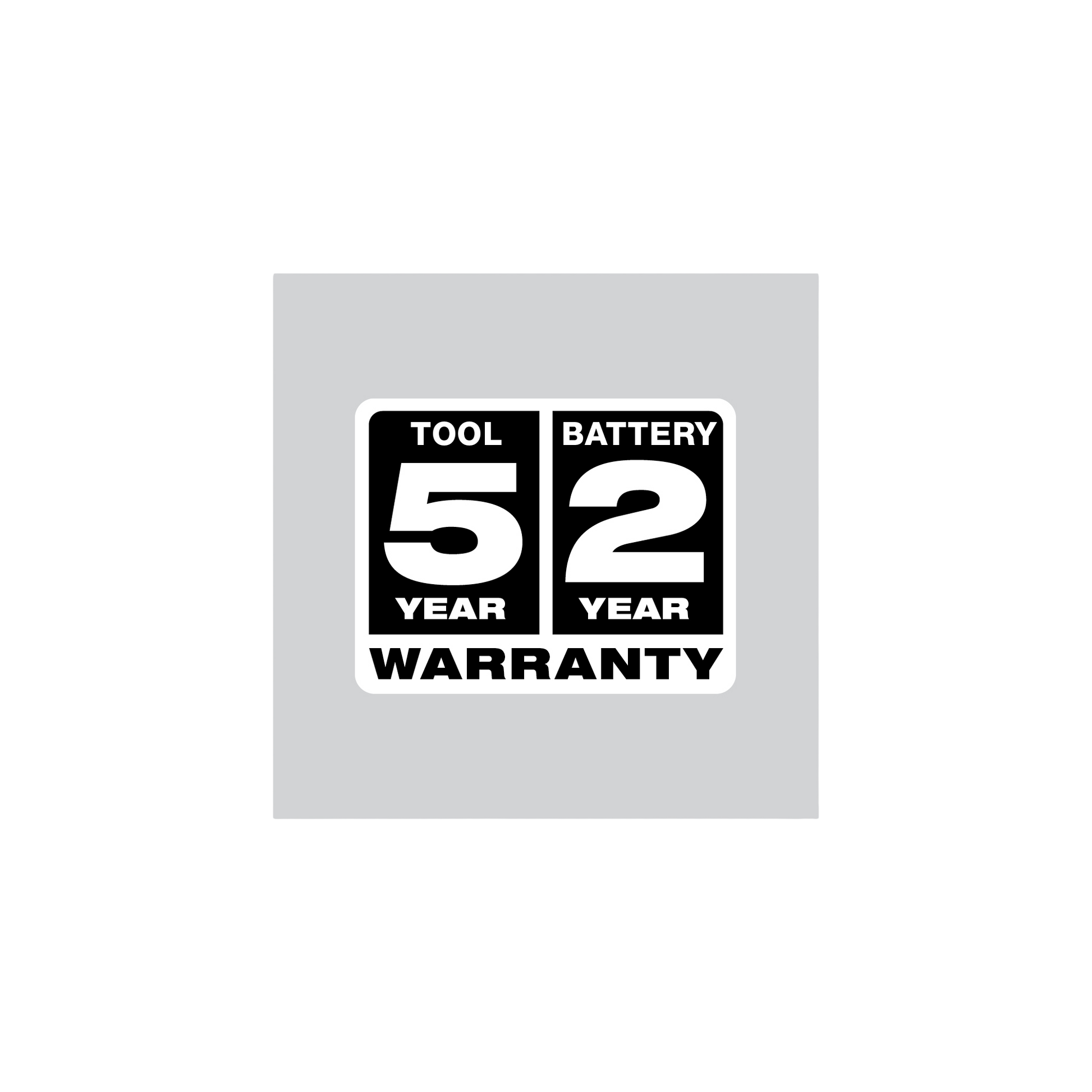 Five-year tool warranty and two-year battery warranty badge for power tools and home improvement products