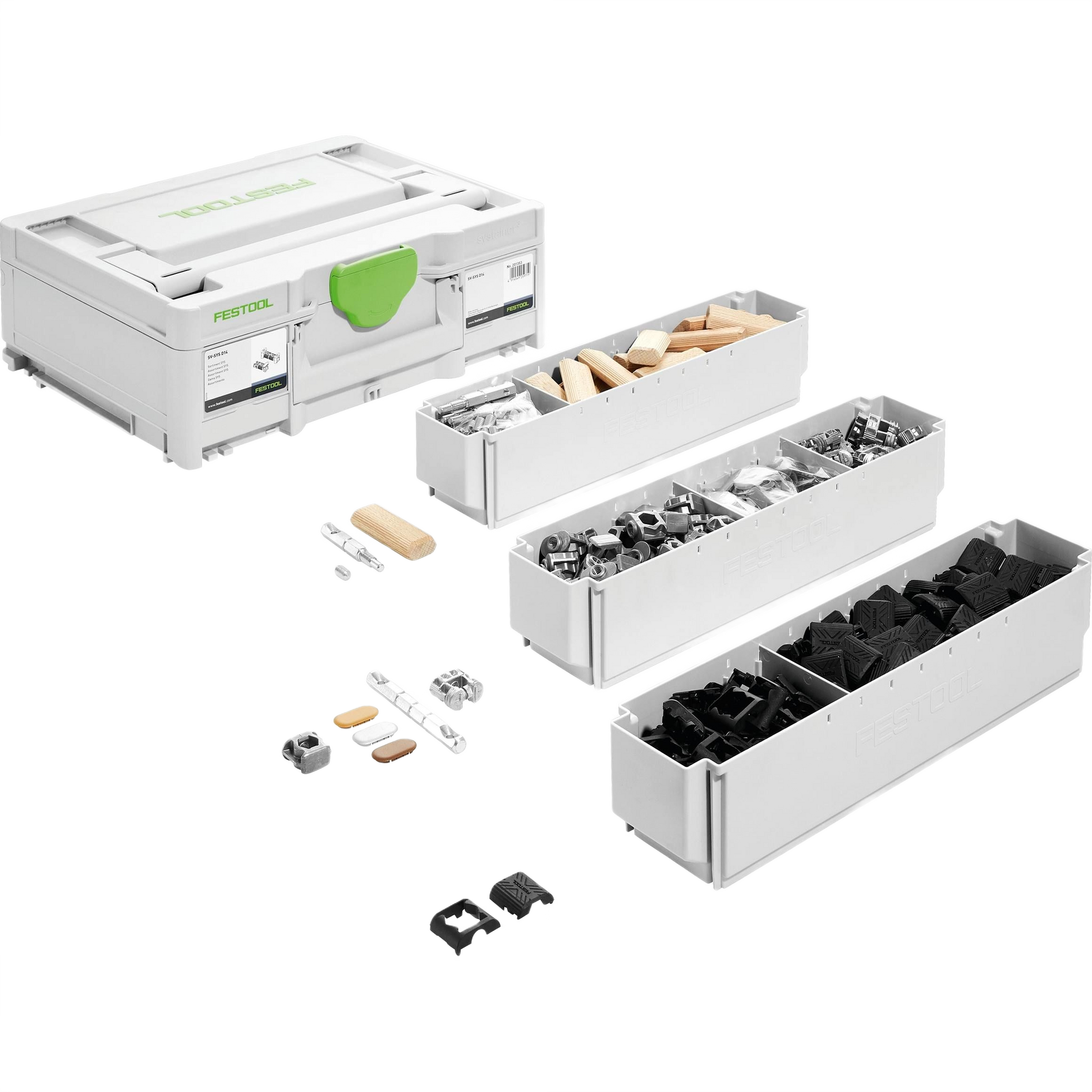 Compact tool organizer with wooden dowels, metal connectors, and plastic components for home improvement projects