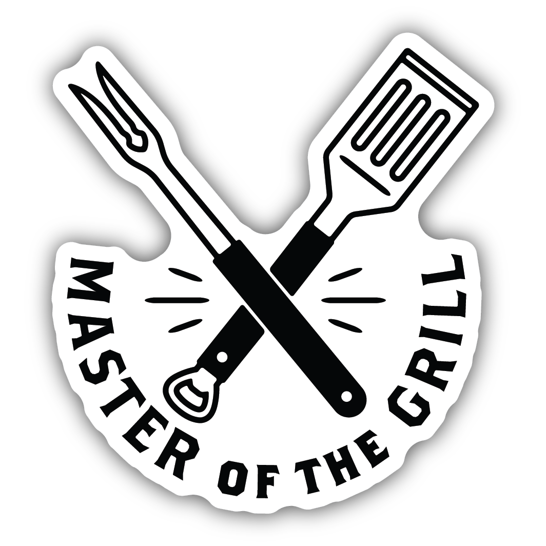 Black and white grill fork and spatula crossed above text "Master of the Grill" in bold lettering sticker design