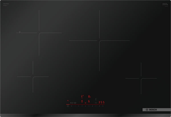 Black induction cooktop with four cooking zones and touch control panel from Bosch Appliances collection