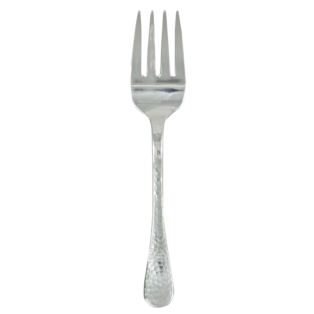 Polished meat fork with hammered finish and intricate faceting, designed for kitchenware and tableware use under $50.