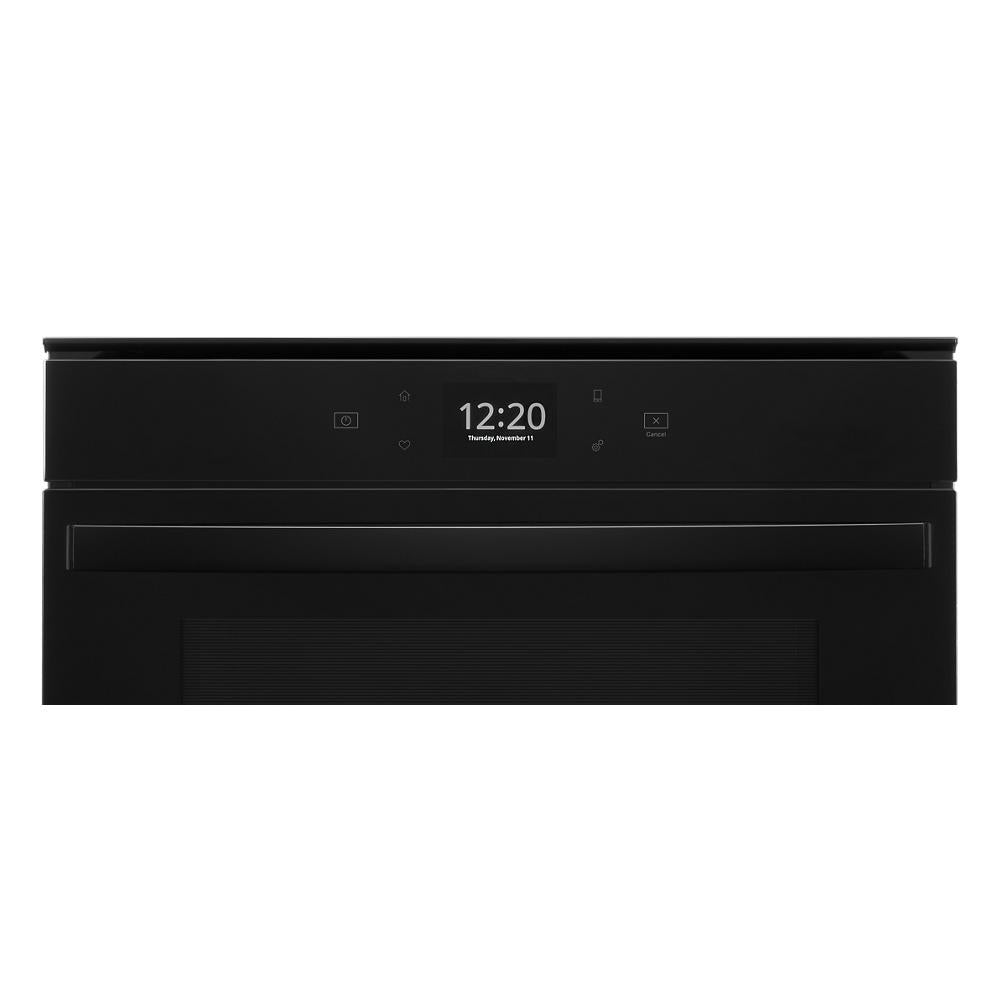 Black control panel of 24 inch double wall oven with digital clock and touch controls in kitchen and appliances collection
