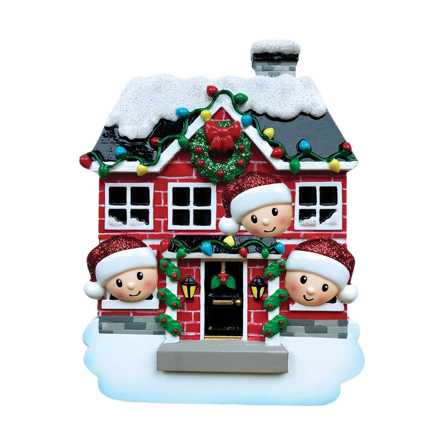 Red brick house ornament with festive wreath, colorful lights, and three smiling figures in Santa hats from Christmas collection
