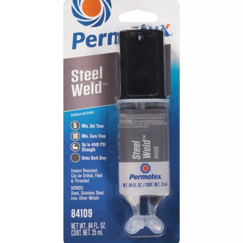 Packaging of Permatex Steel Weld epoxy in a syringe-style dual-compartment dispenser for home repair and tools use