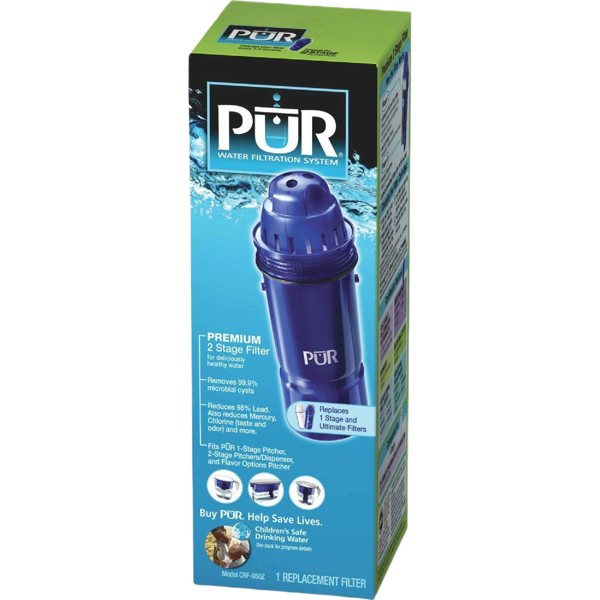 PUR blue pitcher water filter cartridge in packaging highlighting 2-stage filtration and contaminant removal features