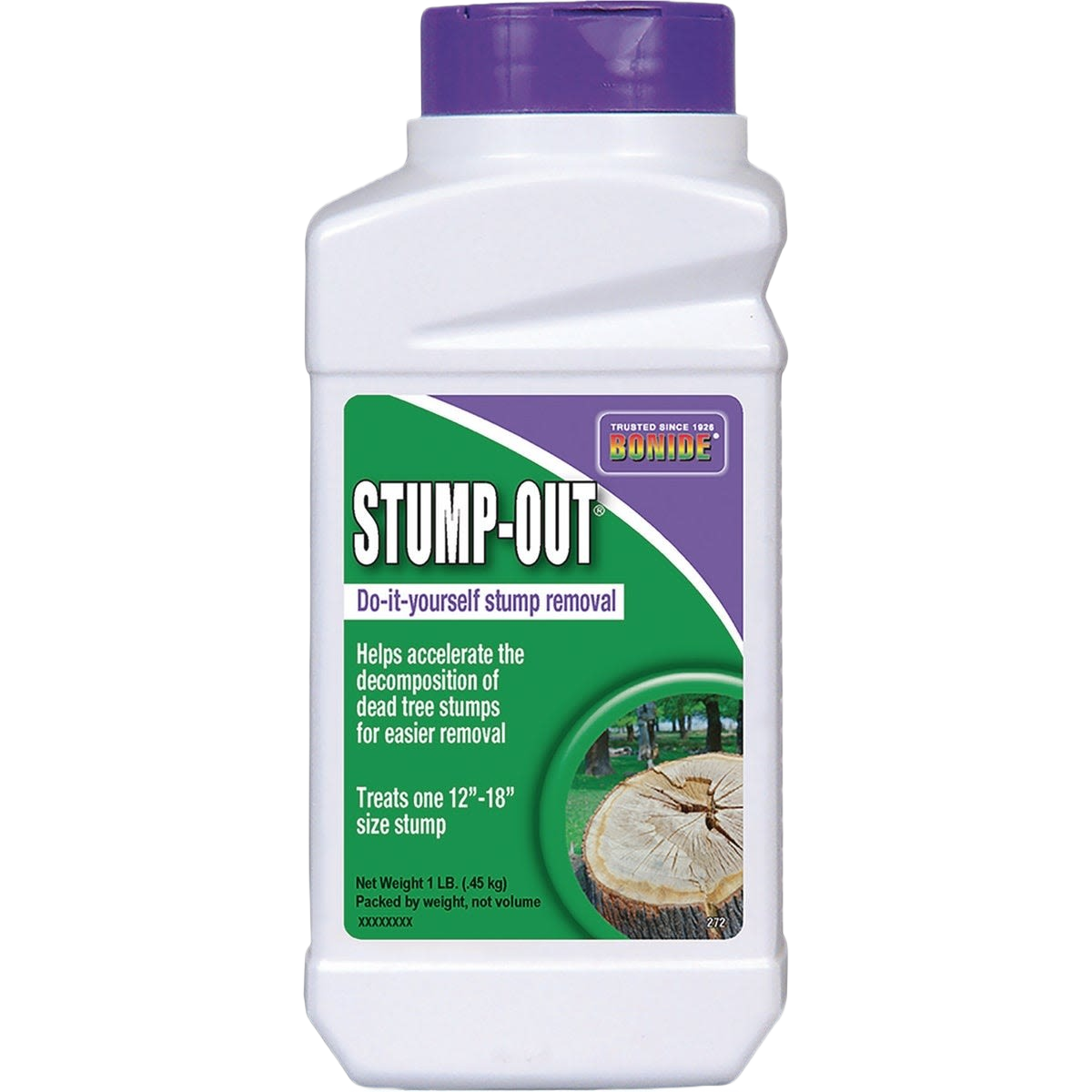 White container of granular stump remover with purple cap for outdoor living and lawn care use under $50