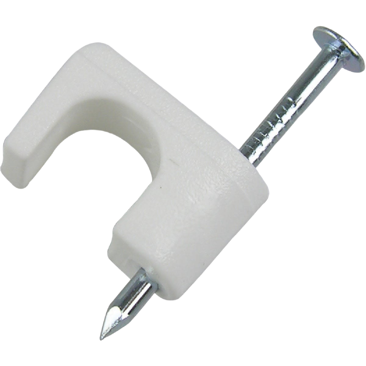 White plastic coaxial cable staple with zinc-plated nail for secure electrical and home improvement projects