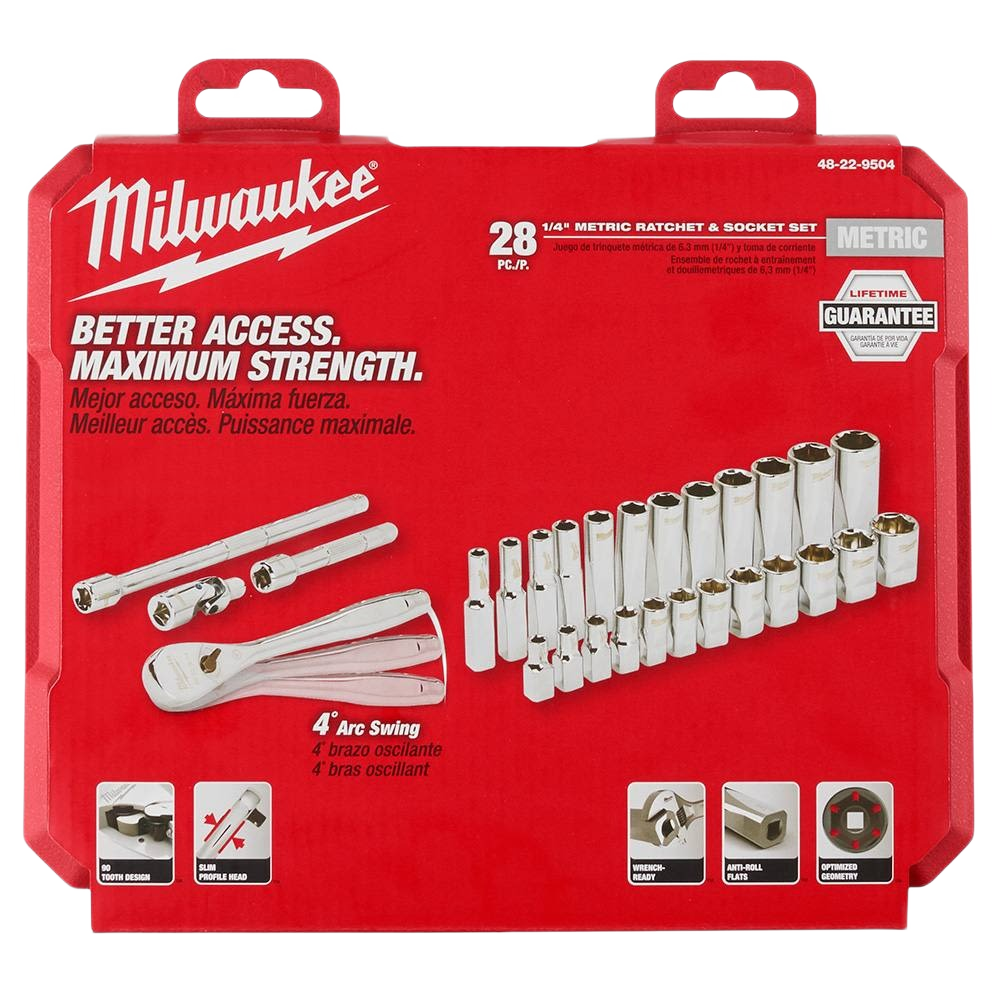 Red storage case with 28-piece metric socket set and 1/4" drive ratchet for home improvement and woodworking tools collection