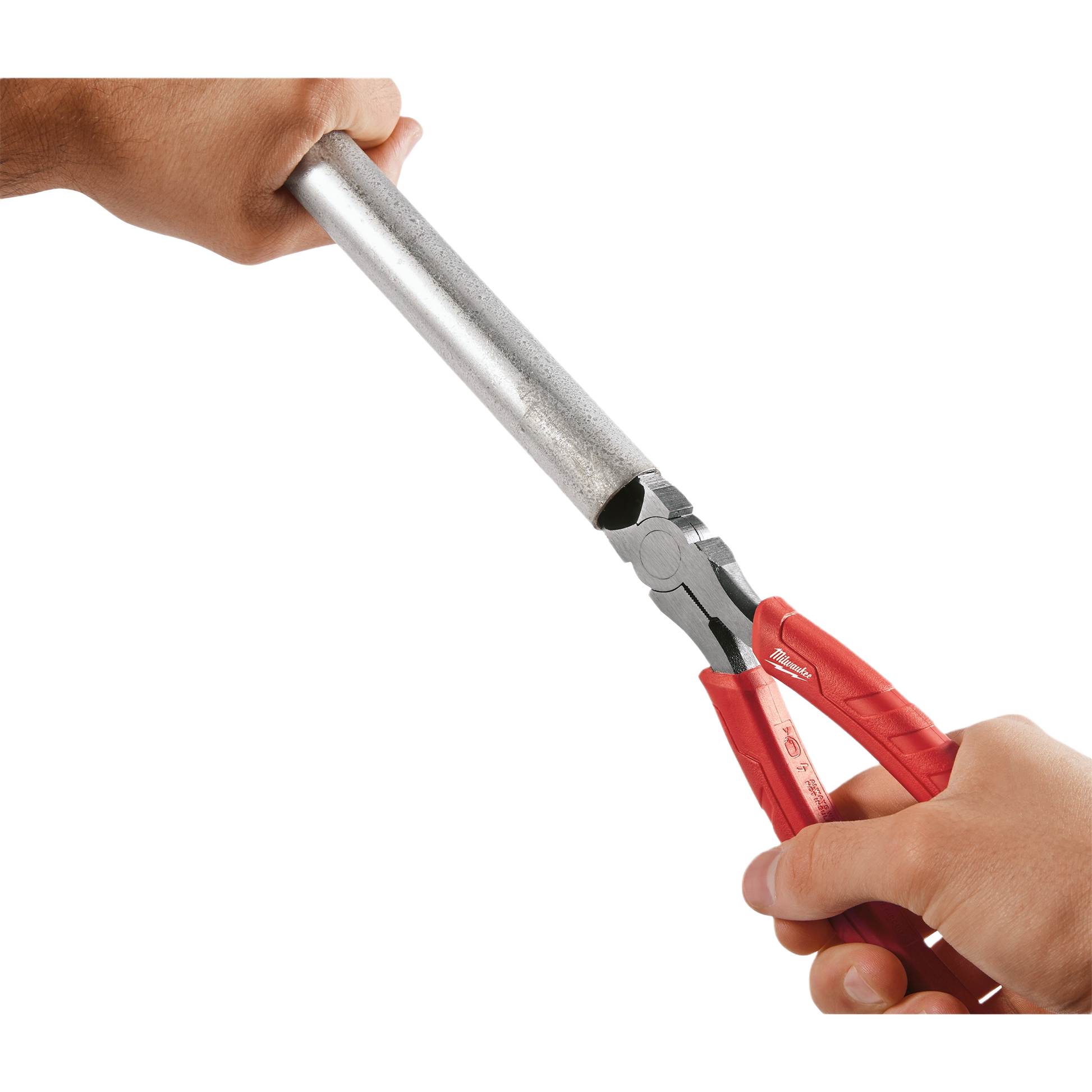 Red-handled diagonal cutting pliers gripping and cutting a thick metal pipe for home improvement tasks