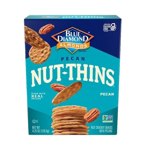 Box of Blue Diamond Pecan Nut Thins rice cracker snacks with real pecans in Chips & Snacks category