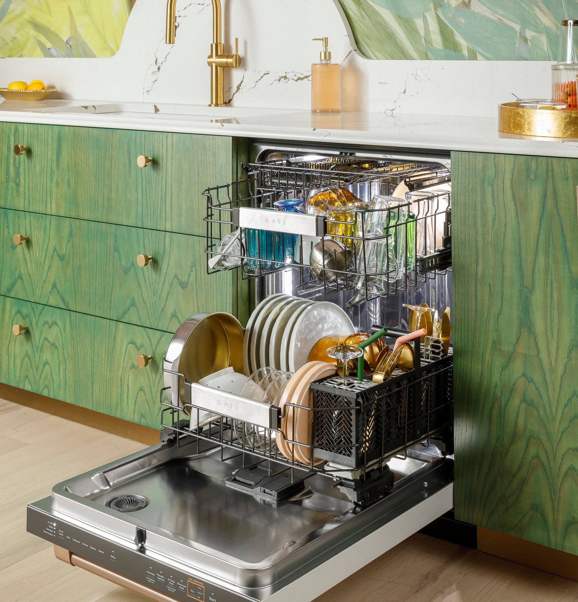 Open stainless interior dishwasher with custom-fit racks loaded with dishes in modern kitchen and home improvement setting
