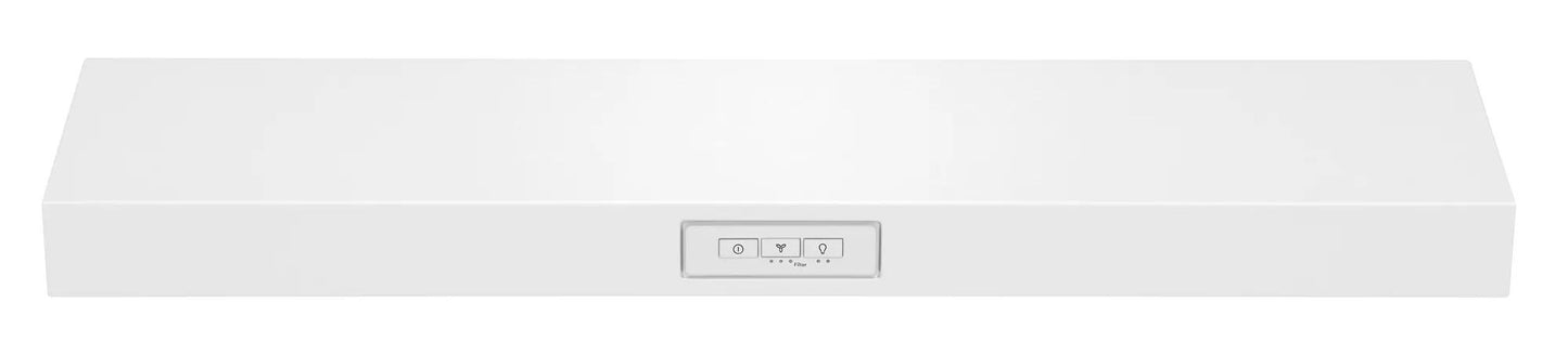 White undercabinet ventilation hood with control panel, part of kitchen and appliances range hood collection