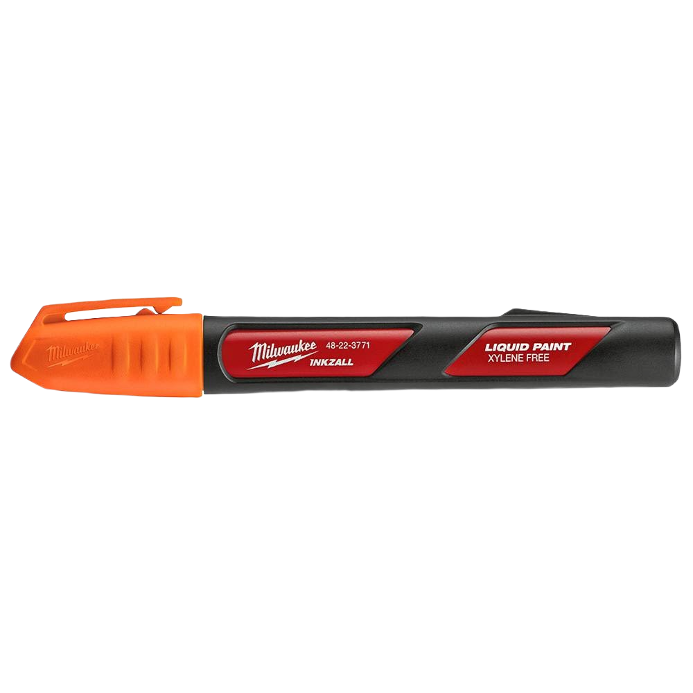 Orange capped liquid paint marker with durable acrylic nib for woodworking, hand tools, and home improvement projects